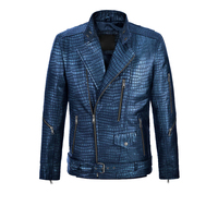 Blouson Bomber D-Ride Moto en Cuir Véritable Bleu Métallisé de Haute Qualité, Imperméable, Coupe-Vent, Respirant, Col Montant, Hiver