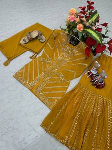 Salwar Kameez pakistanais moutarde jaune, kameez long de mariage pakistanais avec pantalon Palazzo, robe de fiançailles Nikkah Mehndi - Product Image 3