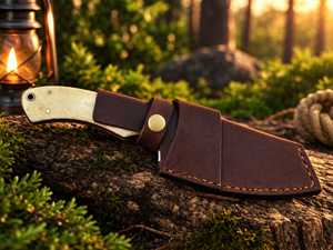 Couteau EDC à lame fixe Tanto en acier Damas de qualité industrielle, fait main, avec manche en os de chameau et étui en cuir pour le camping en plein air - Product Image 3