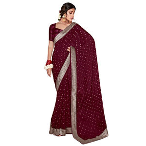 โรงงาน AG EXPORT ผลิตและจำหน่ายผ้าส่าหรีโพลีเอสเตอร์พร้อมส่ง มีลวดลายพู่ห้อยและประดับมุก เหมาะสำหรับงานแต่งงานและชุดเจ้าสาว - Product Image 1