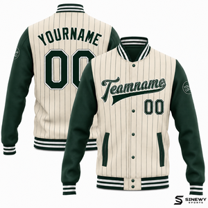 SINEWY SPORTS <b>Men's</b> Pinstripe Varsity <b>Jacket</b> Custom Name Number Green Cream <b>Baseball</b> Style Sporty Outerwear Autumn Wear - Product Image 1