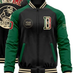OEM Custom Manufacturing Whole Black Vintage Mexican Flag Kelly Green-<b>Neutral</b> Bomber Varsity Letterman Two Tone Zipper Jacket - Product Image 4