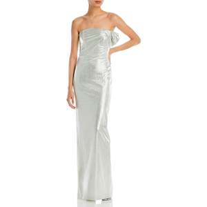 Abito da sera nero Halo Divina in raso a colonna senza spalline, taglio a tubino, con dettagli dorati, taglia 8, vita impero, lavorazione all'uncinetto, lunghezza a terra, spacco alto, per feste - Product Image 1