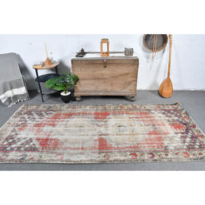 Classic Large 3.9 X 8.7ft Area Rug Vintage <b>Red</b> Beige Turkish <b>Wool</b> with Abstract Pattern for Hallway or Latex Room Decor - Product Image 1