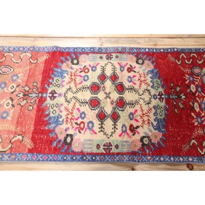 Turkish Eco-Friendly Rug 2.4x5.2 ft Small <b>Red</b> Patchwork <b>Wool</b> Vintage Rug with Latex Backing - Product Image 3