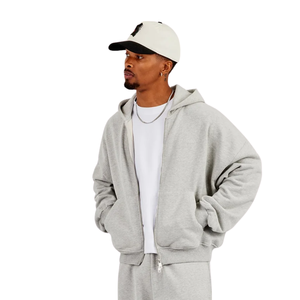 Survêtement gris clair surdimensionné pour homme, molleton lourd, sweat à capuche zippé, pantalon de survêtement à jambes larges, ensemble deux pièces, streetwear décontracté d'hiver - Product Image 4
