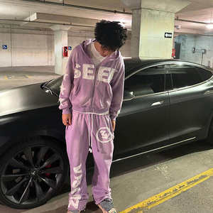 Pantalon de survêtement évasé en coton deux pièces personnalisé ensemble de sweat à capuche surdimensionné à l'acide lavage rue survêtement imprimé brodé Applique Patch - Product Image 6