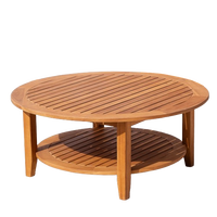 Table basse ronde en teck pour l'extérieur, table centrale en bois avec étagère inférieure, mobilier de salon moderne et minimaliste