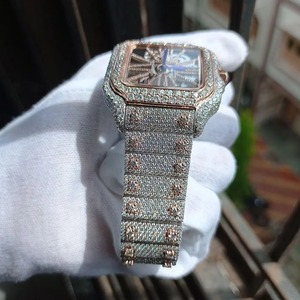 <b>Men's</b> SquareShaped Quartz <b>Wrist</b> <b>Watch</b> Skeleton Design Rose Gold Plated Moissanite Diamond Studded Dial Silver Band for Sale - Product Image 2