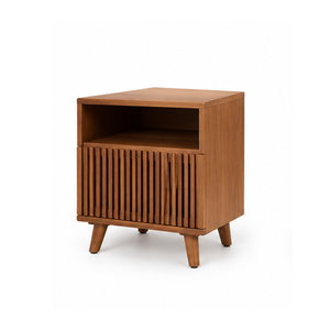 Mesita de Noche Moderna de Madera con Cajón Acanalado, Estante Abierto y Patas Cónicas, Mueble de Dormitorio para Hotel o Apartamento - Product Image 2