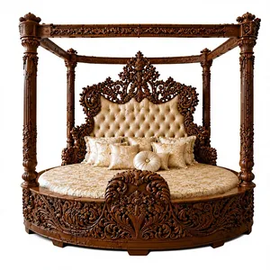 Lit à baldaquin rond de luxe antique Maharaja avec piliers, lit à baldaquin rond en bois sur mesure, mobilier de chambre à coucher de style palais royal - Product Image 2