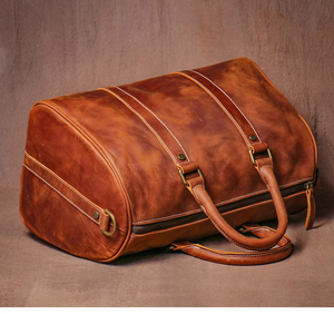Sac de voyage pliable en cuir véritable, léger, grande capacité, fermeture à glissière, durable, portable, marron - Product Image 3