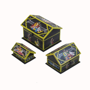 Vintage Design Nested Tribal <b>Chest</b> Set With Hand Painted Printed Design Hut Shape Box Set for Decoration Home Decorative Box - Product Image 1