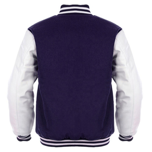 Chaqueta Varsity Letterman personalizada inspirada en los años noventa con cuerpo de lana azul marino, Mangas de cuero real blanco y opción de carta de chenilla - Product Image 2