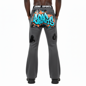 Premium fleece flared pant cotton polyester blend soft <b>brushed</b> fabric grey with <b>heat</b> transfer custom logo fleece flared pant - Product Image 2