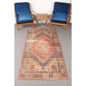 Alfombra Vintage de 3.8x7.1 pies, Alfombra Turca Geométrica Roja - Product Image 1