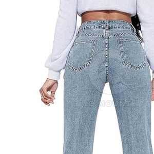 Pantalones vaqueros de mujer de alta calidad con logotipo personalizado, ropa informal de secado rápido con características transpirables, estilo recto, cintura media, lavado oscuro - Product Image 6