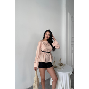 Blusa de Satén con Cinturón para Mujer en Color Rosa - Product Image 2