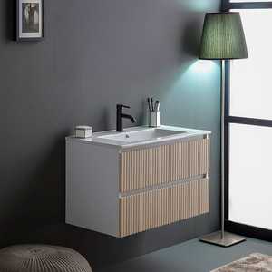 100CM <b>White</b> and Reeded Oak Bathroom Cabinet with 2 <b>Drawers</b> Suspended <b>Set</b> From Bali - Product Image 1