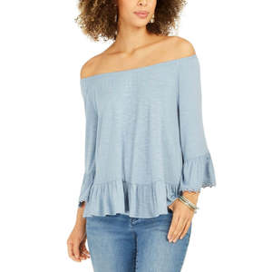 Top da Donna Style & Co Blu con Spalle Scoperte e Maniche a Campana, in Tessuto Lavorato a Maglia Floreale, Taglia XL, Collo Alto, Traspirante e Casual - Product Image 1