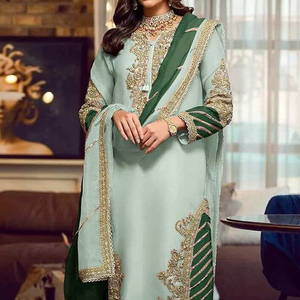 SUPERBE TRAVAIL DE BRODERIE ZARI INDIEN/PAKISTANI SUR LONG KURTA, PANTALON AVEC ROBE DUPATTA POUR robe de soirée pour fête/mariage @ 2023 - Product Image 1