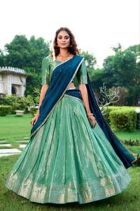 Tendencia Kanchipuram seda étnica desgaste bordado Dupatta con Zari tejido Lehenga Choli para bodas festivales Diwali fiestas - Product Image 5