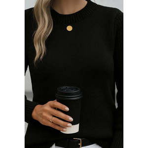 Blusa de punto de manga larga con cuello redondo para mujer, 29011 - Negro - Product Image 2