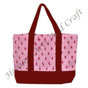 Sac fourre-tout en toile imprimé à la main avec poignée bordeaux, design floral multi-main, durable, deux bretelles, vente en gros BHCB038 - Product Image 2