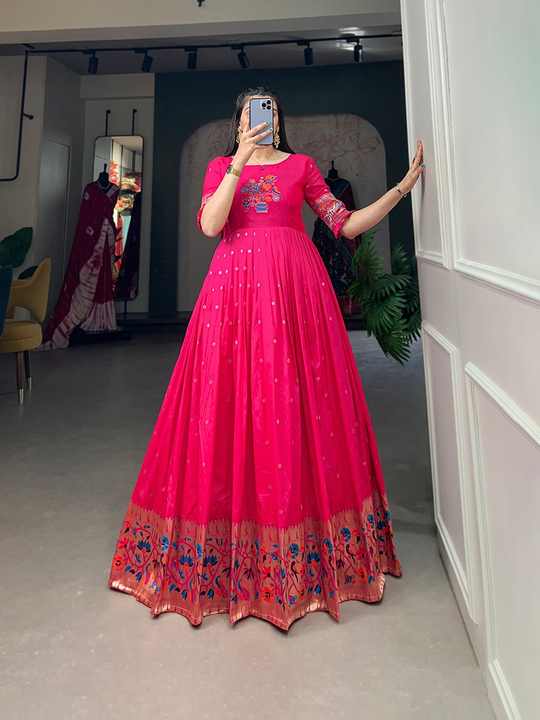 Unique Festive Anarkali Gown Crafted in Luxurious Silk with Rich Golden Motif Designs Accessible at Reasonable Price