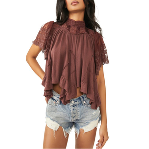 Camicetta da donna Free People XS Savannah Chocolate Lava con orlo a fazzoletto, logo ricamato, in raso di seta chiffon, taglie fino a 3XL - Product Image 1