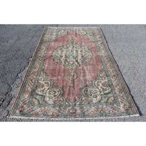 Alfombra clásica de lana hecha a mano rosa y azul, estilo Tabriz turco de 5,1x8,5 pies con respaldo de látex con patrón de retazos para sala de estar - Product Image 1