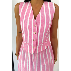 Conjunto de Vestido Casual con Chaleco a Rayas de Lino Rosa y Falda Larga - Product Image 4