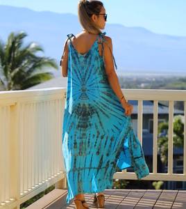 Maxi vestido 100% rayón Tie-Dye cuello redondo sin mangas verano Resort Wear vestido hasta la rodilla abertura lateral nudo corbata correas de hombro - Product Image 3
