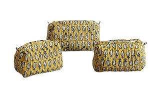 Green Paisley Eco-Friendly Cotton 3-Piece Set Block Printed Quilted Travel Case <b>Large</b> Vintage Waterproof Cosmetic <b>Bags</b> Makeup - Product Image 2