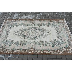 Turkish Vintage Rug, Accent 3.7x6.46 ft (114x197 cm) Rug, <b>Brown</b> Check <b>Wool</b> Rug - Product Image 3
