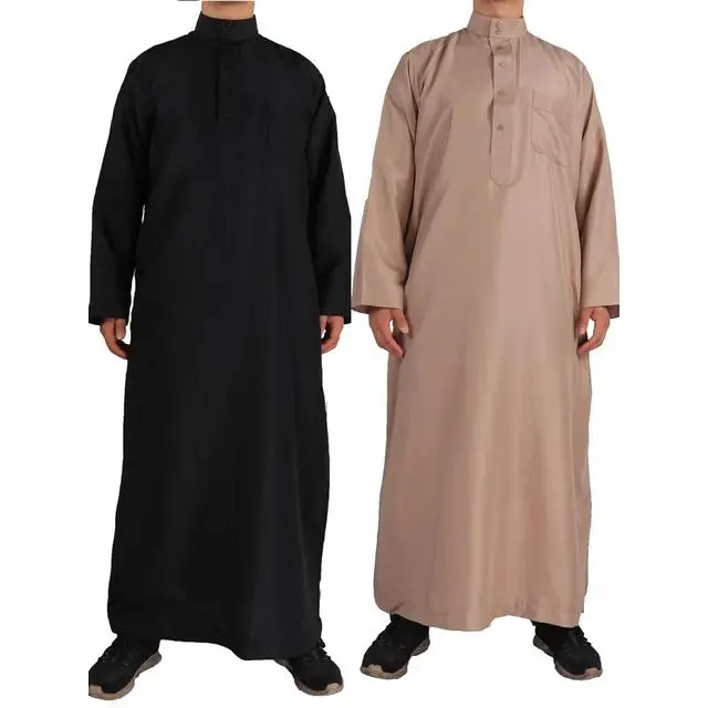 सांस लेने योग्य पारंपरिक मुस्लिम पुरुष प्रार्थना अरब दुबई स्टाइल स्टैंड कॉलर रोब प्लस साइज पुरुषों के इस्लामिक कपड़े हज के लिए थोब