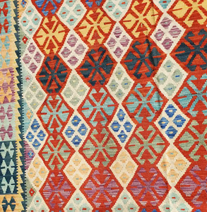 Alfombra Afgana Maimana Kilim Tejida a Mano con Diseño Geométrico Multicolor, Alfombra de Lana con Diseño de Flores y Diamantes - Product Image 3