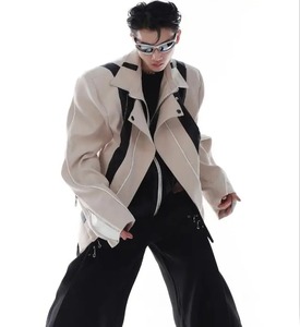 Veste en cuir pour hommes Patchwork cuir bloc de couleur américain High Street manteaux épaule rembourré tendance pilote Outwear - Product Image 4