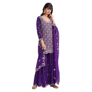 Purple Cutdana Embroidered Sharara Suit with <b>Organza</b> Dupatta Designer Festive Wedding Ceremony Wear for Elegant Women - Product Image 2