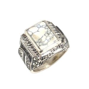 925 Sterling Silver Men's <b>Ring</b> with Rectangular Howlite Stone Pen-Shaped Bezel Setting Everyday Wear - Product Image 1
