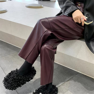 Otoño Invierno PU cuero Casual mujer tobillo longitud pantalones 2025 Nueva cintura elástica media ecológica impermeable negro recto - Product Image 1