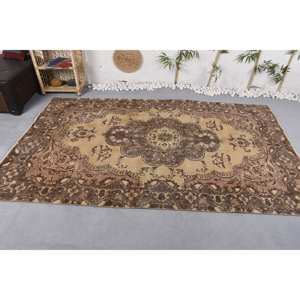 Tapis en laine beige marron classique fait à la main 5.3x8.8 pieds Design patchwork pour salon chambre à coucher pour adolescents hôtels avec support en latex - Product Image 3