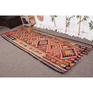 พรมตุรกีวินเทจสีแดงส้ม3.4 x 9.7ft ใหม่10มม. ผ้าขนสัตว์ยางเย็บปะติดปะต่อกันลวดลายนามธรรมสำหรับห้องนั่งเล่นที่บ้าน - Product Image 1