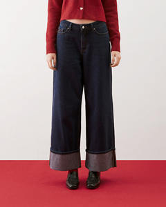 Pantalon en jean décontracté pour femme, de haute qualité, respirant, à jambes larges, ourlet plié, coupe régulière, lavage foncé, par Routine Vietnam - Product Image 1