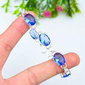 Bracelet de fête de mariage bohème en Tanzanite bleue de luxe, argent sterling 925, pierre précieuse ovale facettée réglable, élégant, fait à la main - Product Image 5