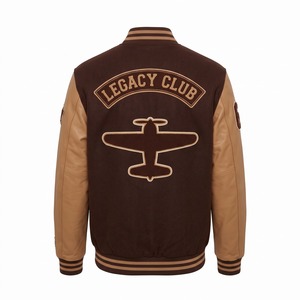 <b>Wool</b> And Leather Varsity Jacket Chocolate <b>Brown</b> Tan Chenille Propeller Airplane Patch <b>Wool</b> Body Genuine Leather Custom Letterman - Product Image 2