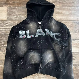 Sudadera con capucha de algodón de verano con cremallera completa de peso pesado de 500 Gsm personalizada, con diamantes de imitación lavados desteñidos al sol, recortada, ajuste holgado, desteñida al sol - Product Image 5