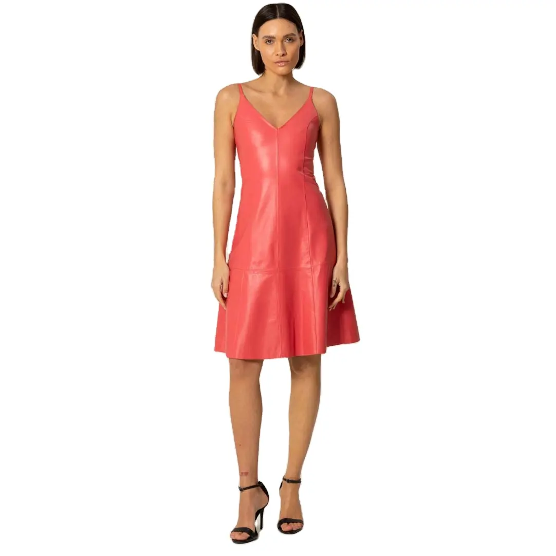 Women's short strap dress in genuine leather color pink Seven C Fashion outlook look made with leather