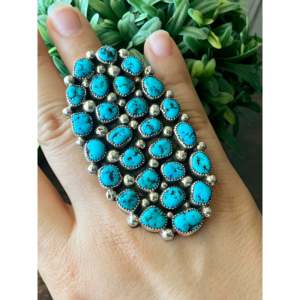 Darlene Begay Kingman Turquoise & Stainless Steel <b>Adjustable</b> <b>Ring</b> with Sterling Silver Bezel Setting Size 11 Gift - Product Image 2