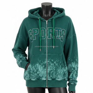 Premium <b>Women</b> Zip <b>Hoodie</b> 320GSM Soft Cotton Fleece Green Tie Dye Custom Rhinestone SPORT Logo Stylish Wear <b>zipper</b> basics hoodies - Product Image 6